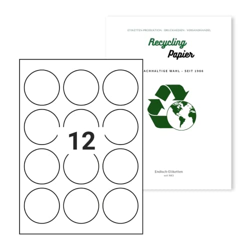 ENDI-HAFT Recycling Etiketten auf A4, 100% recyceltes Altpapier, bedruckbare Etiketten, selbstklebende Klebeetiketten 10 Blatt, nachhaltig, rund, naturweiß (60 mm rund) von Endi Haft