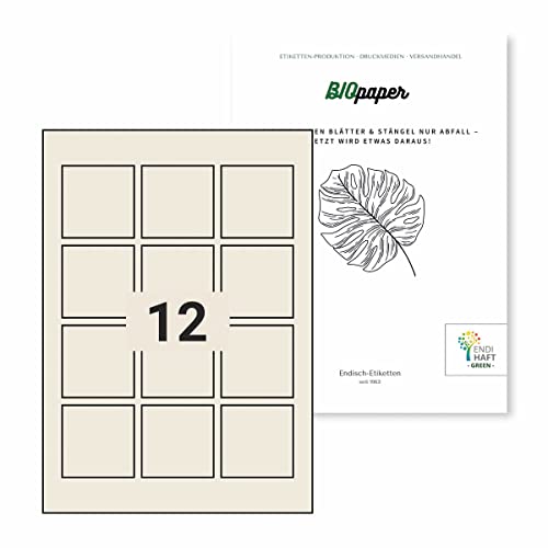 Endi Haft - Nachhaltige Etiketten aus Bagasse Material (Quadratisch DIN A4) selbstklebend, bedruckbar, permanent haftend (56x56 mm, 100 Blatt) von Endi Haft