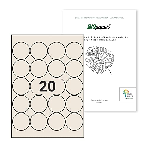 Nachhaltige Etiketten aus Bagasse Material (Rund, DIN A4) selbstklebend, bedruckbar, permanent haftende Universal Etiketten (50 mm rund, 10 Blatt) von Endi Haft
