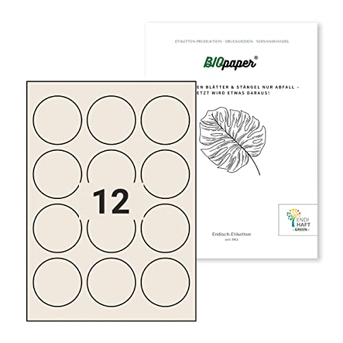 Nachhaltige Etiketten aus Bagasse Material (Rund, DIN A4) selbstklebend, bedruckbar, permanent haftende Universal Etiketten (60 mm rund, 10 Blatt) von Endi Haft