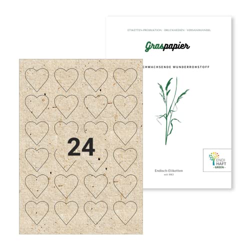 Nachhaltige Etiketten aus Graspapier 40x40 mm (Herzförmig, DIN A4) selbstklebend, bedruckbar, haftende Universal Etiketten (Graspapier - ablösbar, 10 Blatt) von Endi Haft