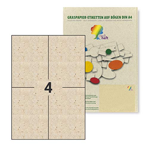 Endi Haft 105x148mm Graspapier Etiketten, 40x Nachhaltige Etiketten auf A4 Bögen, Grasetiketten bestechen durch natürliche Optik und Haptik (Neu) (Unbedruckt) (10 Blatt) von Endi haft