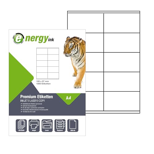 energy ink Etiketten 104x57 mm –100 Blatt = 1000 Etiketten - Selbstklebende Etiketten auf Din A4 energy ink Etiketten 104x57 mm –100 Blatt = 1000 Etiketten - Selbstklebende Etiketten auf Din A4 von Energy +