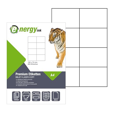 energy ink Etiketten 105 x 74 mm – 100 Blatt = 1400 Etiketten - Selbstklebende Etiketten auf Din A4 energy ink Etiketten 105 x 74 mm – 100 Blatt = 1400 Etiketten - Selbstklebende Etiketten auf Din A4 von Energy +