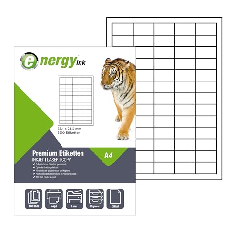 energy ink Etiketten 38,1x21,2mm – 100 Blatt = 6500 Etiketten - Selbstklebende Etiketten auf Din A4 energy ink Etiketten 38,1x21,2mm – 100 Blatt = 6500 Etiketten - Selbstklebende Etiketten auf Din A4 von Energy +