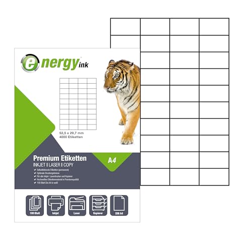 energy ink Etiketten - 52,5x29,7 mm – 100 Blatt = 4000 Etiketten - Selbstklebende Etiketten auf Din A4 energy ink Etiketten - 52,5x29,7 mm – 100 Blatt = 4000 Etiketten - Selbstklebende Etiketten auf Din A4 von Energy +