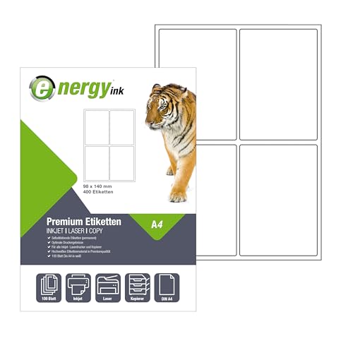 energy ink Etiketten 98x140 mm 100 Blatt = 400 Etiketten - Selbstklebende Etiketten mit abgerundeten Ecken energy ink Etiketten 98x140 mm 100 Blatt = 400 Etiketten - Selbstklebende Etiketten mit abgerundeten Ecken von Energy +
