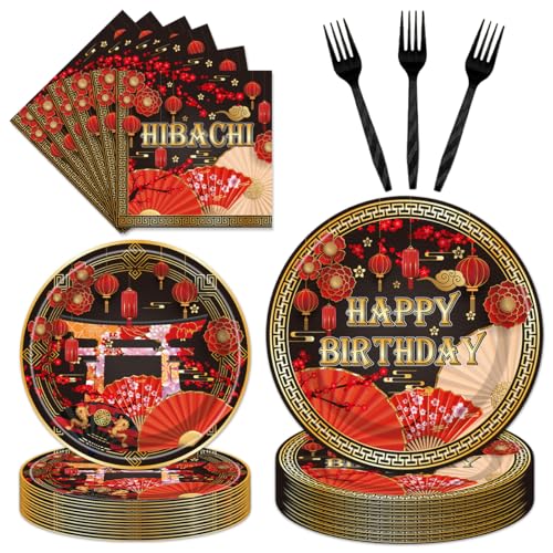 EngoEagle Hibachi-Teller und Servietten, Partyzubehör, Hibachi, japanische Geburtstagsparty-Dekorationen, asiatischer japanischer Stil, Einweg-Papiergeschirr-Set, für 24 Gäste, 96 Stück von EngoEagle
