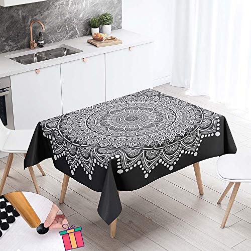 Enhome Tischdecke Rechteckige Abwaschbar, 3D Boho Wasserabweisend Abwischbar Tischtuch für Küche, Abendessen, Speisesaal Schmutzabweisend Küchentischabdeckung (Schwarzes Mandala,140x200cm) von Enhome