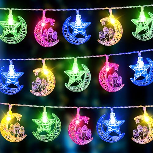 Eid Mubarak Stern Mond Lichterketten, 6,5 ft 20 LEDs Islam Festival Lichter, Wasserdichte Feiern Lichterketten Dekor Batteriebetrieben für Indoor Outdoor (Buntes Licht) von Enhon