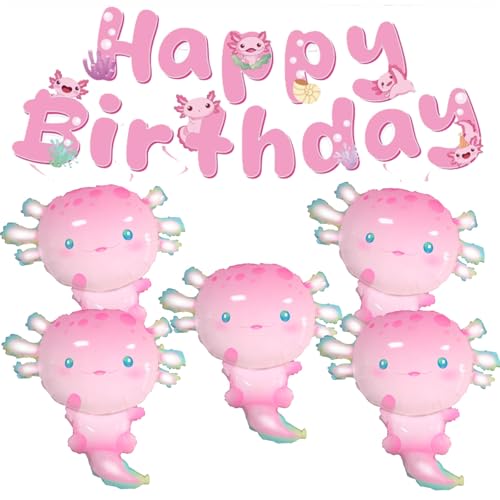 Axolotl Geburtstagsballons Dekorationen für Mädchen – Rosa Axolotl Ballon-Set (5 Stück) mit Geburtstagsbanner – niedliche Amphibien-Themenpartyzubehör für Kinder von Enimapod
