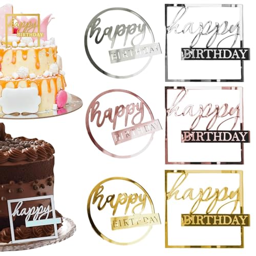 EnixwH 6 Stück Spiegel Acryl Happy Birthday Tortendeko, Cake Topper Geburtstag, Tortendeko Geburtstag, Kuchendekoration In Quadratischen Und Runden Formen (Gold, Silber, Roségold) von EnixwH