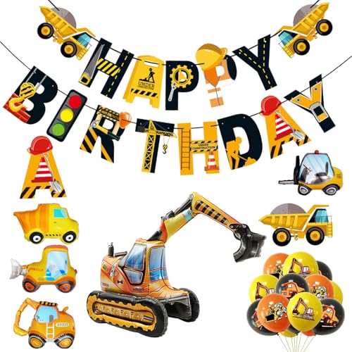 21 Pcs Bagger Luftballon Deko Kindergeburtstag Set, 3D Groß Luftballons Stehend Auto, Neue Baustelle Ballon Kindergeburtstag Banner Bagger Latex Ballon Passend Für Kindergeburtstag Party Deko Zubehör von Eniyou