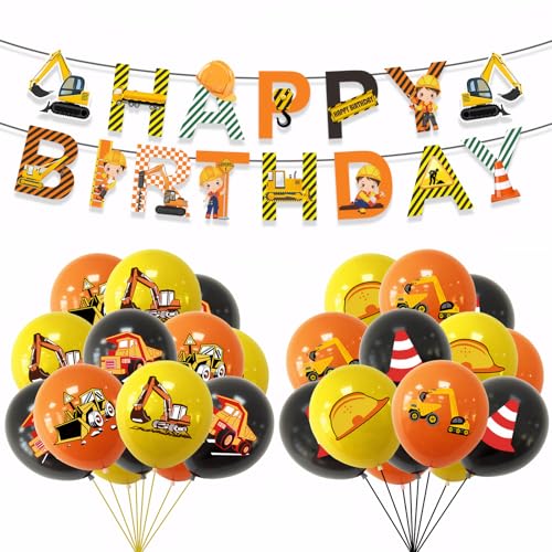 25 Stück Bagger Luftballon Bagger Geburtstag Deko 2 Jahre,Baustelle Ballon,Buchstaben Engineering Wagen ziehen Flagge,Auto Thema Party,Begrüßungsparty,Mädchen Jungen Geburtstag Party Dekoration von Eniyou