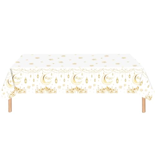 Eid Mubarak Tischdecke, 2 Stück Eid Ramadan Tischdecke mit Stern Mond Muster, 137 x 274 cm Große Rechteckige Eid Ramadan Tischdecke für Muslimische Ramadan Eid Party Dekoration (Weiß) von Enjoyaa