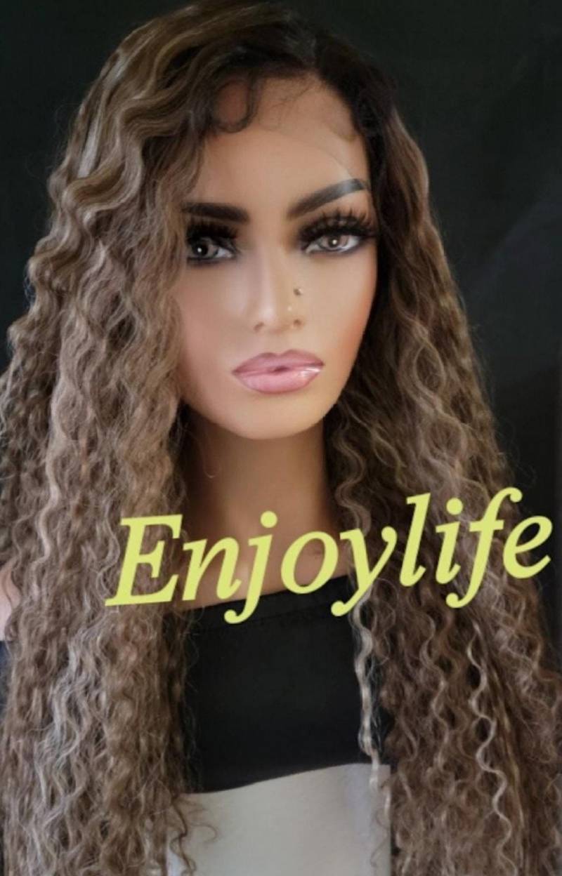 Braun Blonde Hervorgehobene Gewellte Spitze Vorne H.d Perücke von Enjoylifewigs