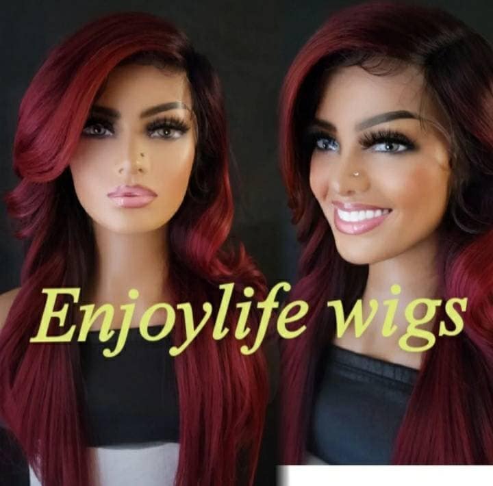 Burgundy Rot Balaylage Schwarz Hervorgehoben H.d Ombre Wellige Lace Front Perücke von Enjoylifewigs