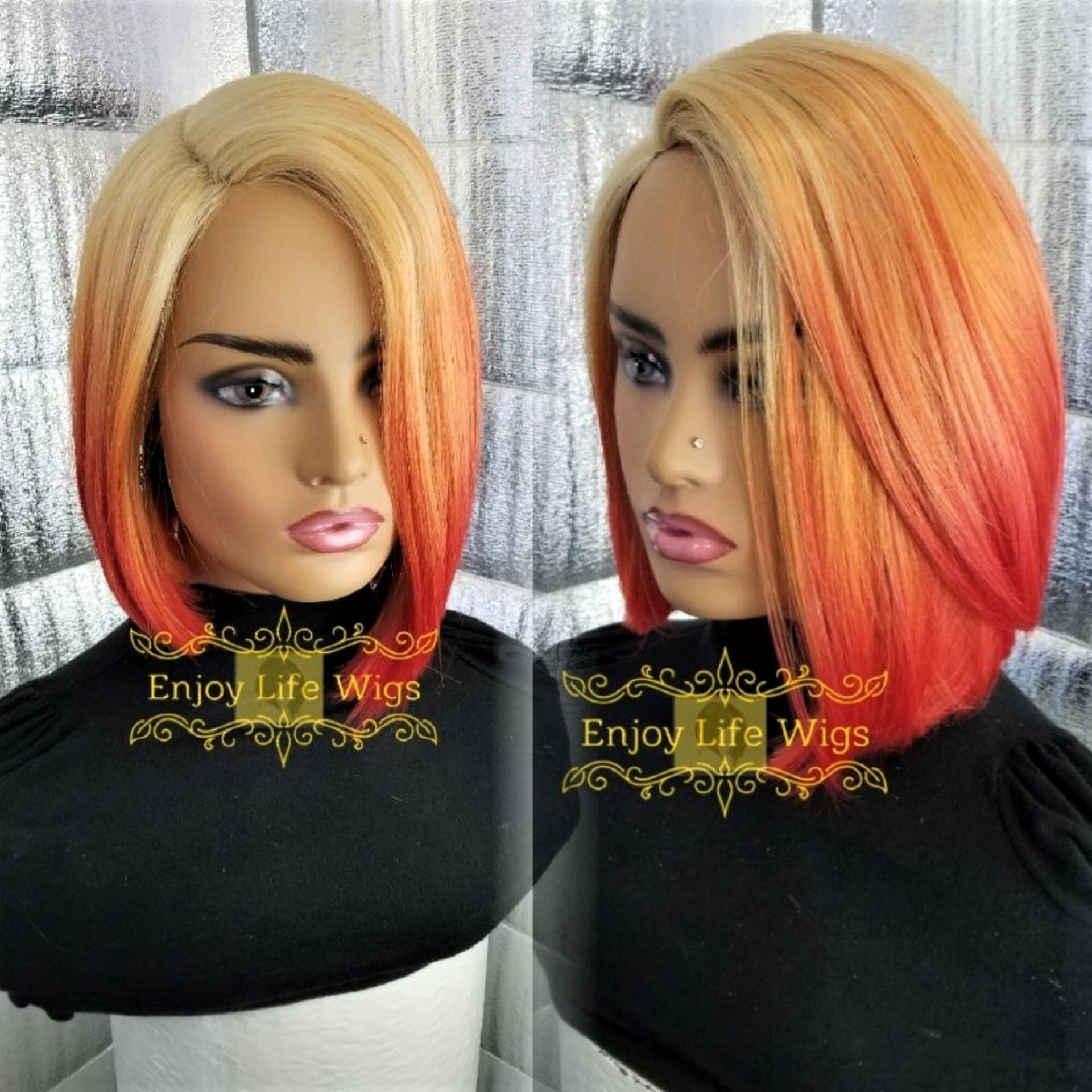 Orange Blonde Splash Bob Perücke Mit Naturbelassen Wirkendem Tiefen Seitenteil von Enjoylifewigs