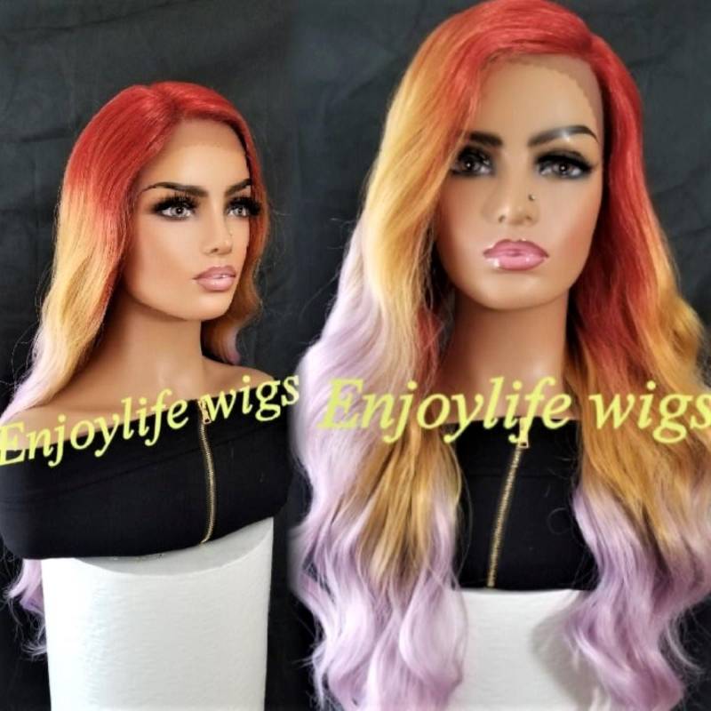 Wellige Balayage Ombre Feuer Getaucht Lavendel Farbe Blast H.d Spitze Perücke von Enjoylifewigs