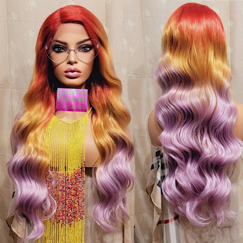 Wellige Balayage Ombre Feuer Orange Getaucht Lavendel H.d Spitze Vorne Perücke von Enjoylifewigs