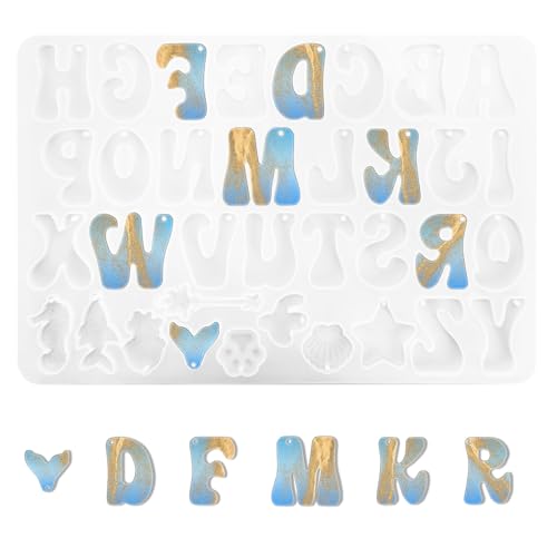 Alphabet-Silikon-Buchstabenformen für Kunstharz und individuelle Buchstaben-Harz-Formen für Schlüsselanhänger, perfekt für DIY-Harz-Schlüsselanhänger-Schmuckherstellung mit vorgebohrten Löchern von Enodny