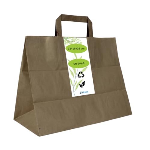 Enpack - 50 Papiertüten braun mit Henkel - Geschenktüten für kleine Geschenke 32+16x26 cm - Papiertragetaschen aus Kraftpapier - Braune Papiertüten - Papier Geschenktaschen zum befüllen von Enpack