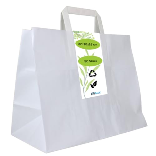 Enpack - 50 Papiertüten weiß mit Henkel - Geschenktüten für kleine Geschenke 32+16x26 cm - Papiertragetaschen aus Kraftpapier - Braune Papiertüten - Papier Geschenktaschen zum befüllen von Enpack