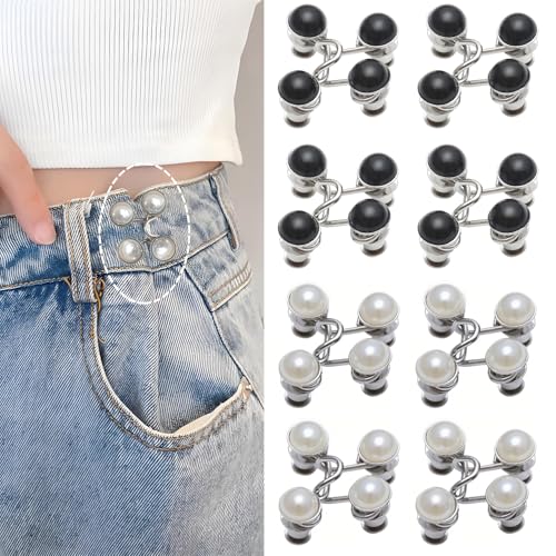 Knopf für Hosen (8 Paare), Pearl Jean Knopfnadeln, Jeans Knöpfe Ohne Nähen, Abnehmbare Jeansknöpfe Hosenclips, Wiederverwendbar, Schwarz*4 Paare+Weiß*4 Paare von Enreluya