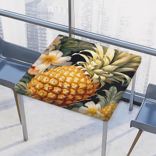 Entemne Quadratische Tischdecke mit elastischem Rand, Ananasblumen, Tischdecken, 86 x 86 cm, wasserdichte Tischdecke für drinnen und draußen, Party, Terrassendekoration von Entemne