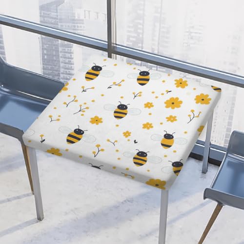 Entemne Quadratische Tischdecke mit elastischem Rand, Aniaml Bienen gelbe Blumen, Tischdecken, 117 x 117 cm, wasserdicht, passend für drinnen und draußen, Party, Terrassendekoration von Entemne