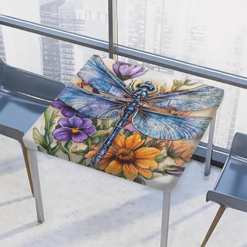 Entemne Quadratische Tischdecke mit elastischem Rand, Aquarell-Libellen-Blumen-Tischdecken, 117 x 117 cm, wasserdichte Tischdecke für drinnen und draußen, Party, Terrassendekoration von Entemne