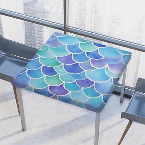 Entemne Quadratische Tischdecke mit elastischem Rand, Aquarell-Meerjungfrauen-Schuppen, Tischdecken, 86 x 86 cm, wasserdichte Tischdecke für drinnen und draußen, Party, Terrassendekoration von Entemne