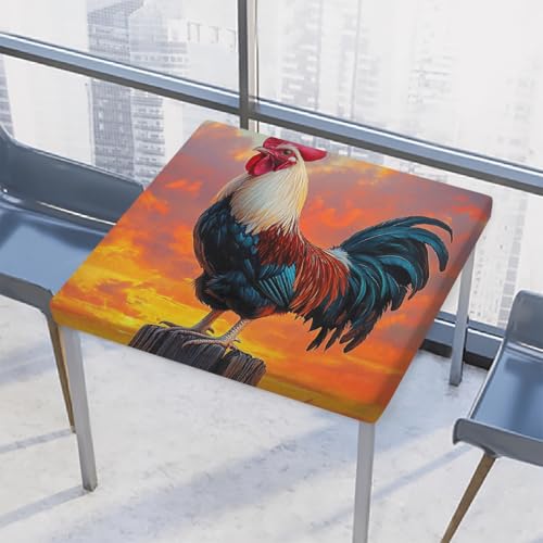 Entemne Quadratische Tischdecke mit elastischem Rand, Bauernhof-Hahn, Sonnenuntergang, Tischdecken, 117 x 117 cm, wasserdichte Tischdecke für drinnen und draußen, Party, Terrassendekoration von Entemne
