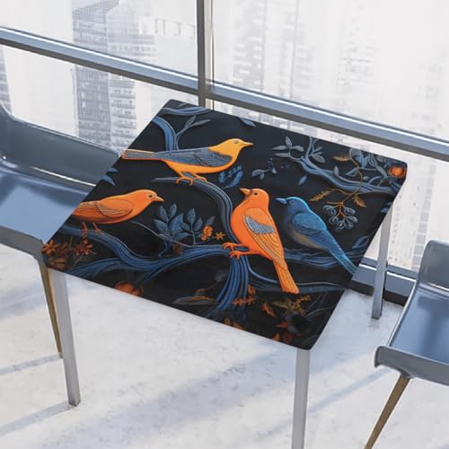 Entemne Quadratische Tischdecke mit elastischem Rand, Baumvögel, Kunst-Tischdecken, 86 x 86 cm, wasserdichte Tischdecke für drinnen und draußen, Party, Terrassendekoration von Entemne