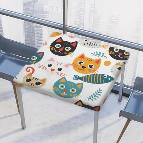 Entemne Quadratische Tischdecke mit elastischem Rand, Cartoon-Katzen, Fischgrätenmuster, Tischdecken, 117 x 117 cm, wasserdichte Tischdecke für drinnen und draußen, Party, Terrassendekoration von Entemne
