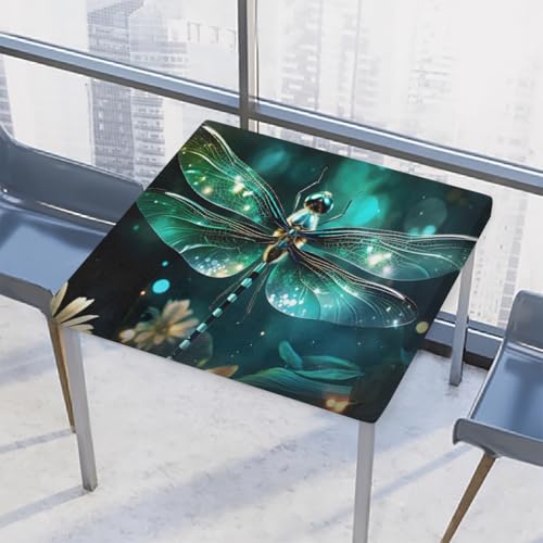 Entemne Quadratische Tischdecke mit elastischem Rand, Fantsy Libellen-Kunst-Tischdecken, 86 x 86 cm, wasserdichte Tischdecke für drinnen und draußen, Party, Terrassendekoration von Entemne