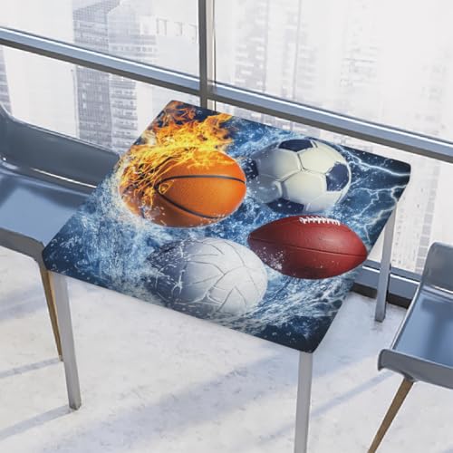 Entemne Quadratische Tischdecke mit elastischem Rand, Feuerwasser-Sportball-Tischdecken, 117 x 117 cm, wasserdichte Tischdecke für drinnen und draußen, Party, Terrassendekoration von Entemne