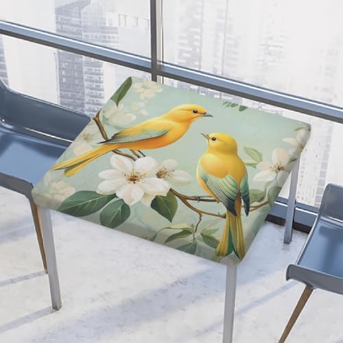 Entemne Quadratische Tischdecke mit elastischem Rand, Frühlingsgelbe Vögel, Tischdecken, 117 x 117 cm, wasserdicht, passend für drinnen und draußen, Party, Terrassendekoration von Entemne