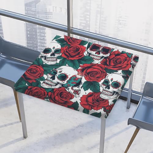 Entemne Quadratische Tischdecke mit elastischem Rand, Gothic-Totenkopf-Rosenmuster, Tischdecken, 86 x 86 cm, wasserdichte Tischdecke für drinnen und draußen, Party, Terrassendekoration von Entemne