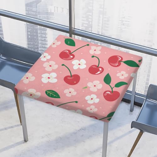 Entemne Quadratische Tischdecke mit elastischem Rand, Kirschfruchtblumen, Tischdecken, 117 x 117 cm, wasserdichte Tischdecke für drinnen und draußen, Party, Terrassendekoration von Entemne