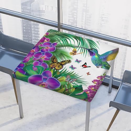 Entemne Quadratische Tischdecke mit elastischem Rand, Kolibri, Orchideen, Palmblätter, Tischdecken, 86 x 86 cm, wasserdichte Tischdecke für drinnen und draußen, Party, Terrassendekoration von Entemne