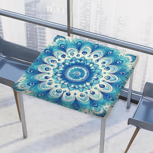 Entemne Quadratische Tischdecke mit elastischem Rand, Mandala-Blau, ethnisches Blumenmuster, 86 x 86 cm, wasserdichte Tischdecke für drinnen und draußen, Party, Terrassendekoration von Entemne