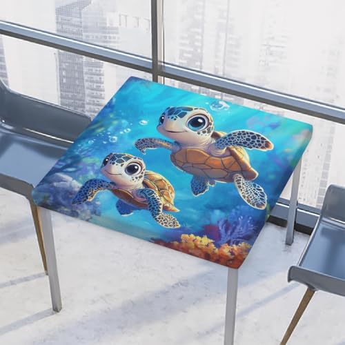 Entemne Quadratische Tischdecke mit elastischem Rand, Meeresschildkröte, Unterwasser-Tischdecken, 117 x 117 cm, wasserdichte Tischdecke für drinnen und draußen, Party, Terrassendekoration von Entemne