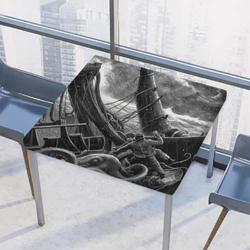 Entemne Quadratische Tischdecke mit elastischem Rand, Oktopus-Piratenschiff-Tischdecken, 117 x 117 cm, wasserdichte Tischdecke für drinnen und draußen, Party, Terrassendekoration von Entemne