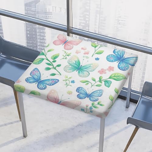 Entemne Quadratische Tischdecke mit elastischem Rand, Pastellrosa, Blau, Schmetterlinge, Blatt-Tischdecken, 86 x 86 cm, wasserdicht, passend für drinnen und draußen, Party, Terrassendekoration von Entemne