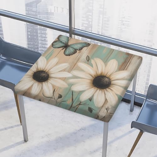 Entemne Quadratische Tischdecke mit elastischem Rand, Retro-Tischdecken mit Gänseblümchen, 117 x 117 cm, wasserdicht, passend für drinnen und draußen, Party, Terrassendekoration von Entemne