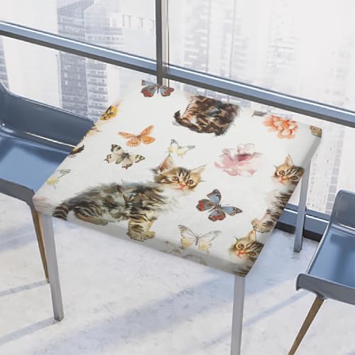 Entemne Quadratische Tischdecke mit elastischem Rand, Schmetterlinge, Katzen, Kätzchen, Tischdecke, 86 x 86 cm, wasserdicht, passend für drinnen und draußen, Party, Terrassendekoration von Entemne