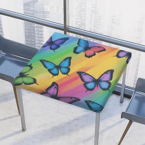 Entemne Quadratische Tischdecke mit elastischem Rand, Schmetterlinge, Regenbogenstreifen, 86 x 86 cm, wasserdicht, passend für drinnen und draußen, Party, Terrassendekoration von Entemne