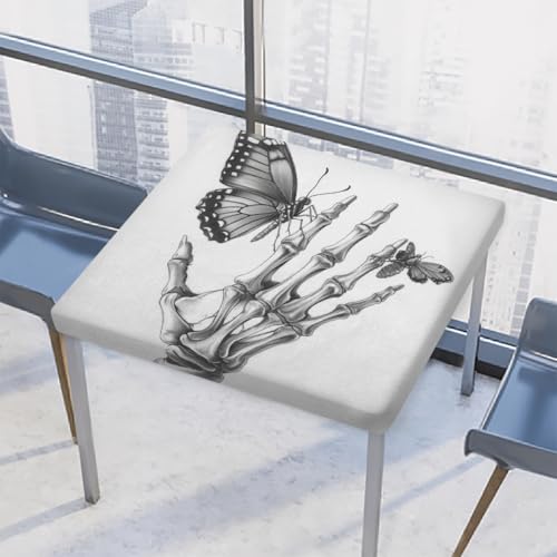 Entemne Quadratische Tischdecke mit elastischem Rand, Skelett-Hand, Schmetterling, Kunst-Tischdecken, 117 x 117 cm, wasserdicht, passend für drinnen und draußen, Party, Terrassendekoration von Entemne