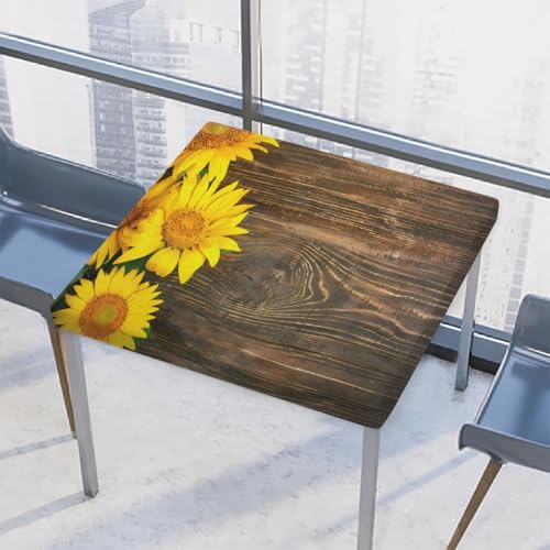 Entemne Quadratische Tischdecke mit elastischem Rand, Sommer-Sonnenblumen, alte Holzbrett-Tischdecken, 86 x 86 cm, wasserdicht, passend für drinnen und draußen, Party, Terrassendekoration von Entemne